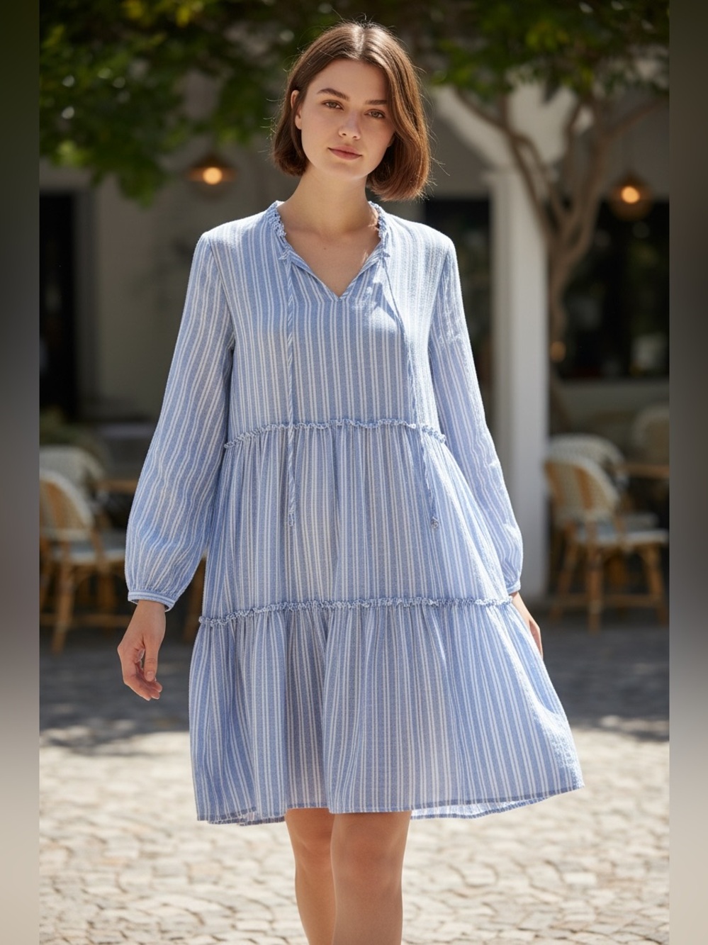 Rails Everly Ludlow Stripe Linen Blend Tiered Dress Blue White Medium Coastal